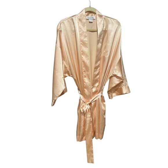 Christian Dior Vintage Elegant Peach Pink Satin Belted Short Robe - Picture 1 of 6